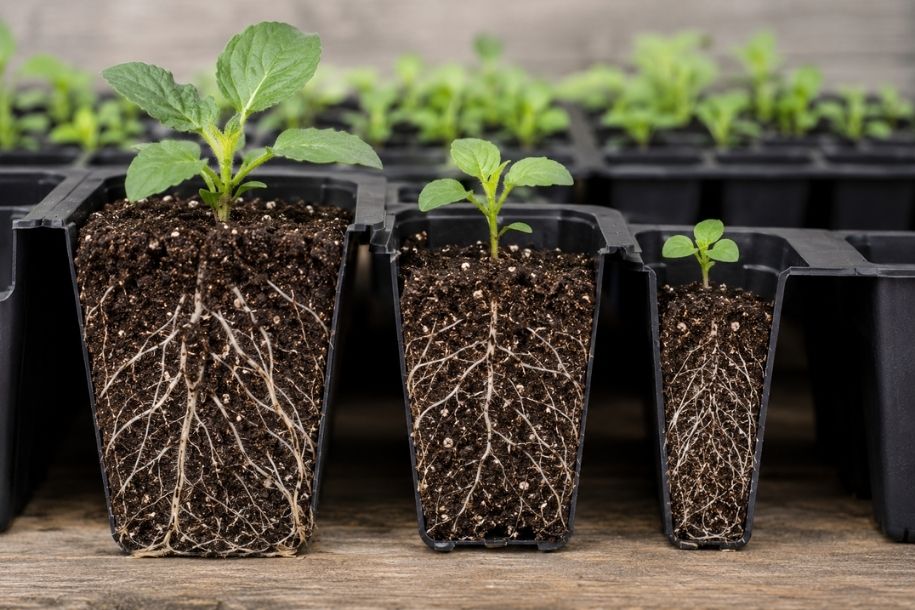 Seedling roots growing in large, medium and small plug tray cells Seedling roots growing in large, medium and small plug tray cells